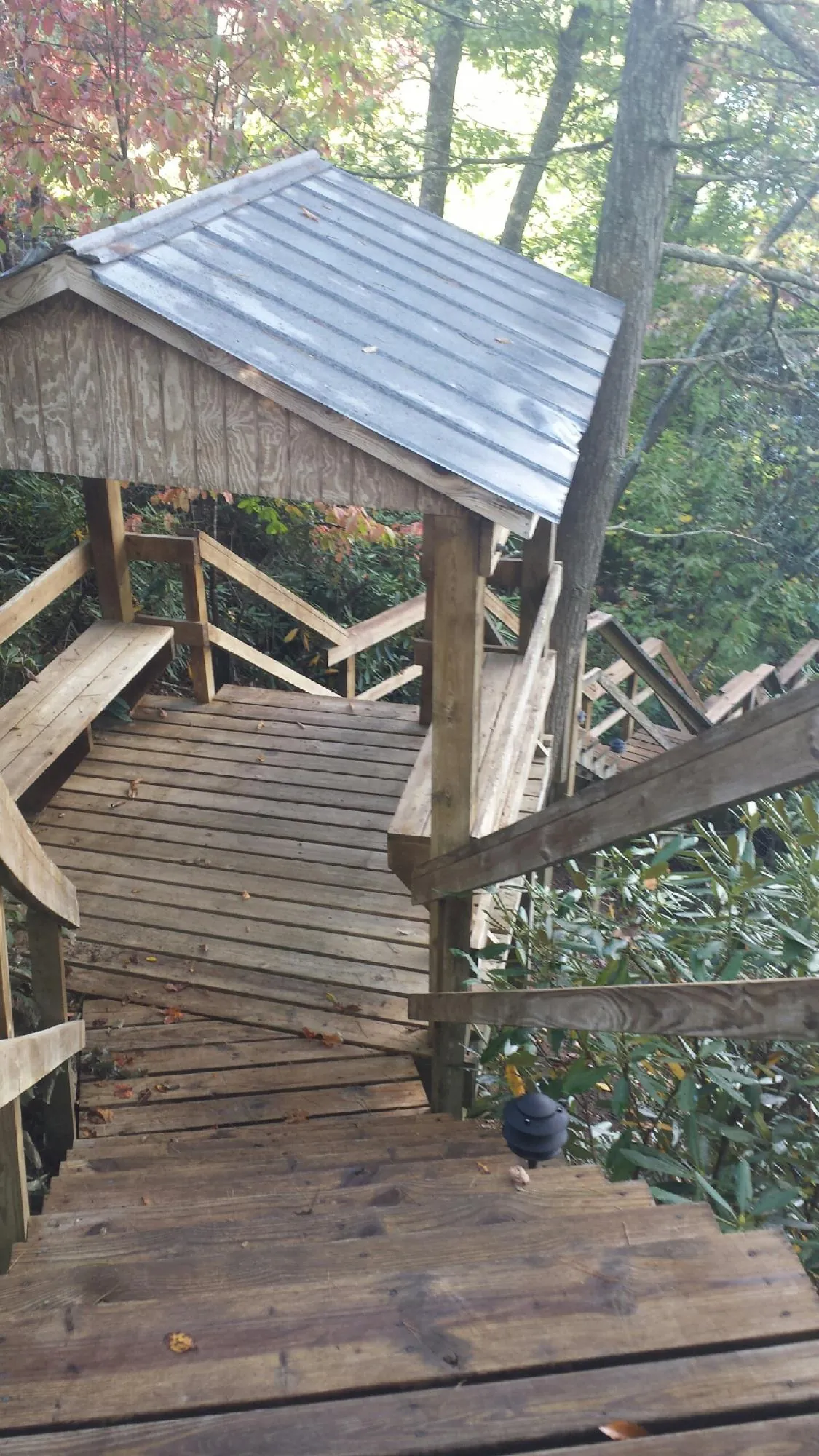 Metal roofed shelter over wooden steps on a wooded walkway — Skylight Repair & Installation work by our crew in Thorn Hill